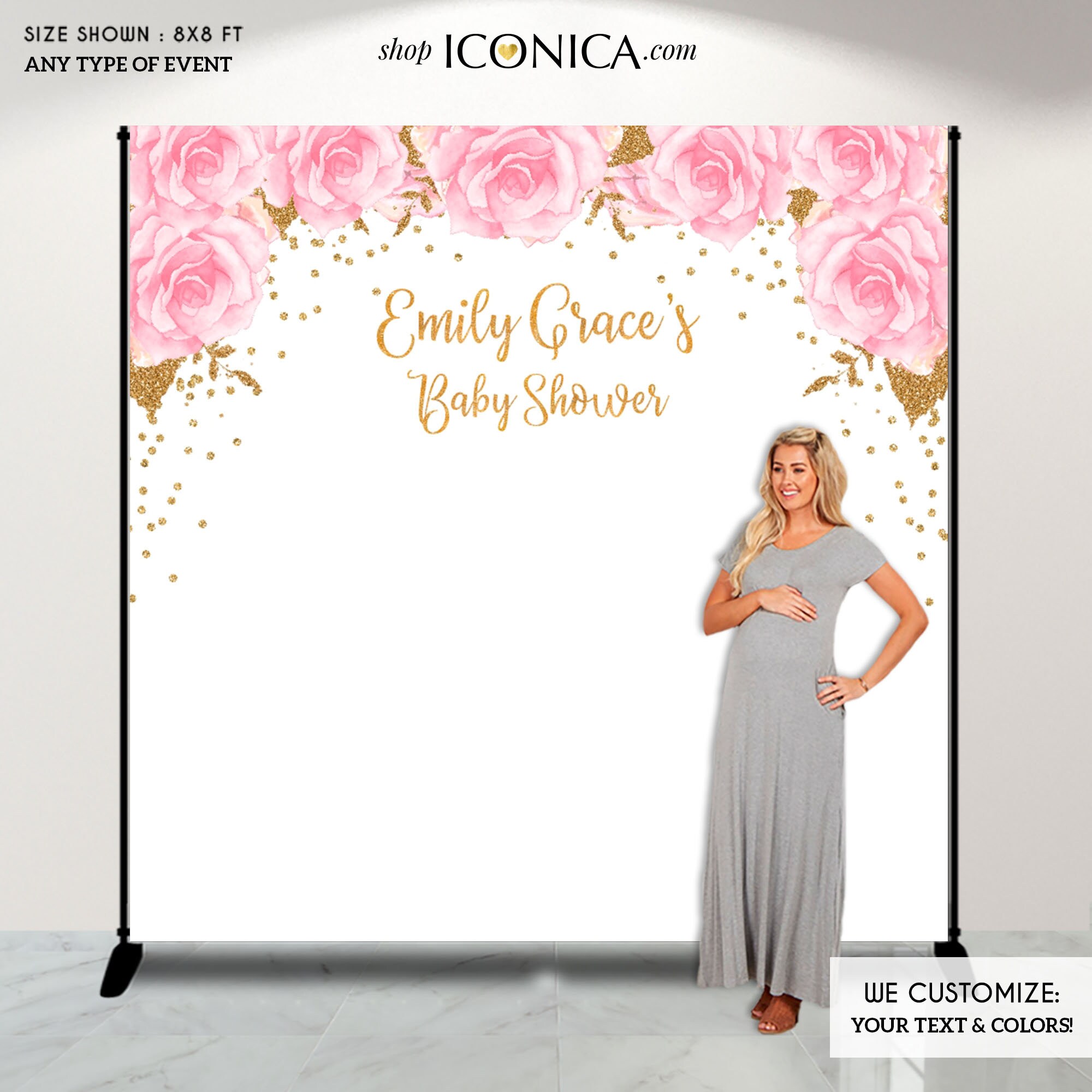 Virtual Baby Shower Backdrop, Pink Flowers & Gold Faux Glitter Decor, Any Wording, Printed Or Printable File Bbr0030