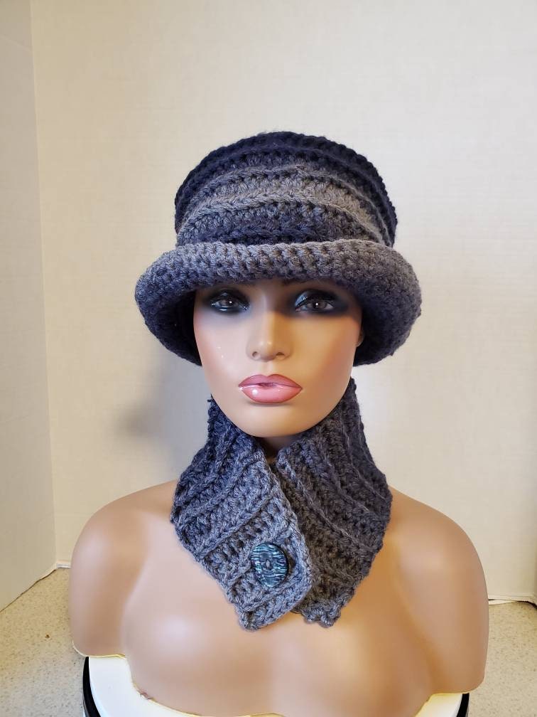 Navy Blue To Light Blend Crocheted Hat & Scarf - Scarf- Cowl- Matching Hat- Newsboy Button -Crochet