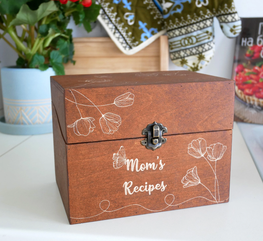 Personalized Recipe Box With Wooden Dividers, Gift For Mom, Custom & Cards, Bridal Shower