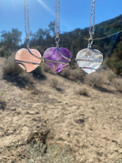 Rose Quartz Heart Necklace, Crystal Amethyst Pendant, Necklace
