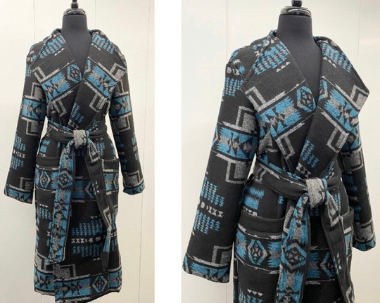 Ready To Ship - Wool Blend Trench Coat in Blue & Black Cross Print Size Small