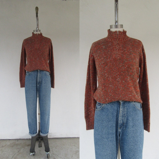 90S Marled Cotton Blend Mockneck Quarter Zip Sweater | Minimalist Long Sleeve Burnt Orange Heathered Space Dyed Jumper L