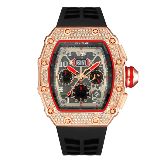 Iced Out Watch, Black Rubber Strap, Tonneau Diamond & Gold Hip Hop Jewelry, Luxury Watch, Bust Down Vvs