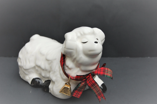 Vintage White Ram Sheep Ceramic Figurine | Christmas With Cow Bell & Plaid Ribbon Scarf