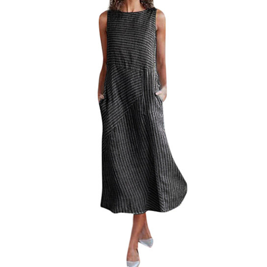 Lightweight Striped Midi Dresses in Linen Blend, S-3X - Black, 3XL