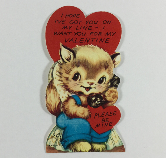 Blue Jeans Kitten Talking On The Telephone Phone Vintage 1950S Unused Valentine Novelty Greeting Card