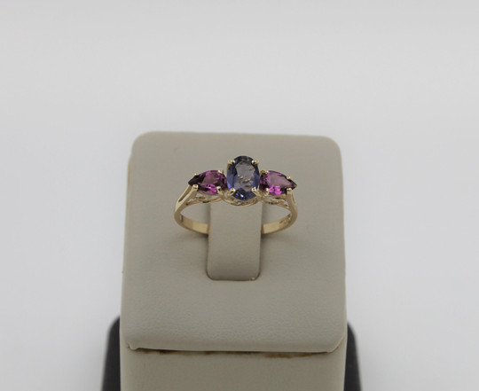 Vintage 1970S Handmade Solid 10K Yellow Gold Blue Topaz & Amethyst Ring