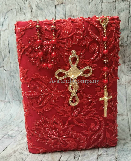 Red Wedding Gift Bible Ceremony/Lace Red Gold Bible/Burgundy Catholic Lace & Rosary
