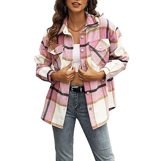 Womens Casual Plaid Wool Blend Button Down Long Sleeve Shirt Jacket Shackets - pink, s