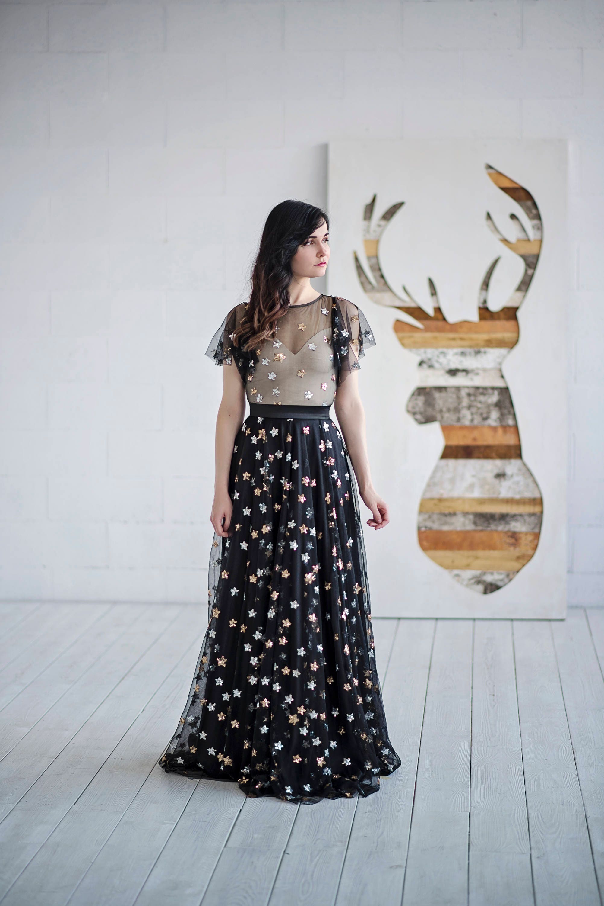 Tamsin - Black Dress With Sequin Stars/Alternative Wedding Prom Performance Flutter Sleeves