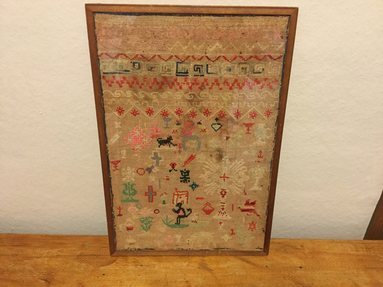 Antique Sampler Needlework Interesting Variety Of Stitching & Symbols