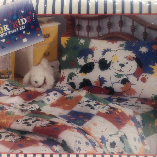 Vintage 90's Puppy Dog & Paw Prints Colorful 3 Piece Twin Size Sheet Set Kids Bedding Sealed