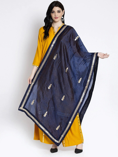 Women's Silk Blend Navy Blue & Gold-Toned Dupatta With Gotta Patti Free Shipping