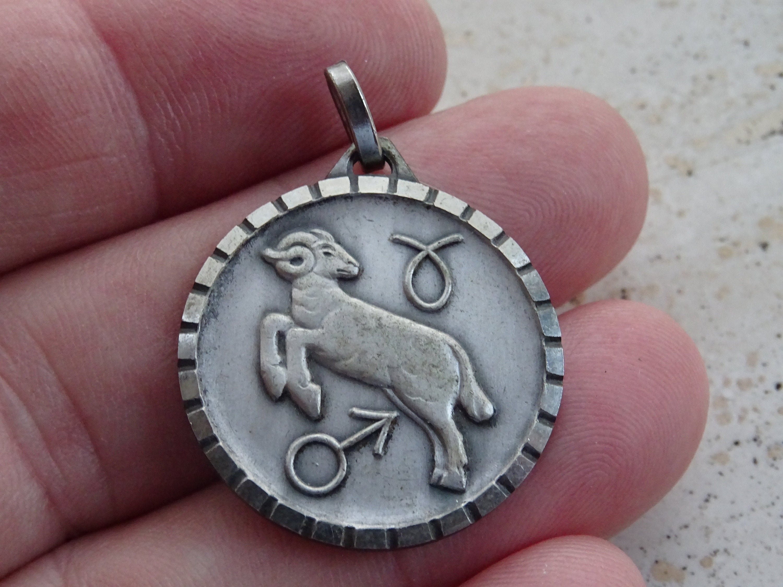 Vintage Silver | Marked Zodiac Constellation Medal Pendant Charm Medallion Sign Of Aries. Ram C 3