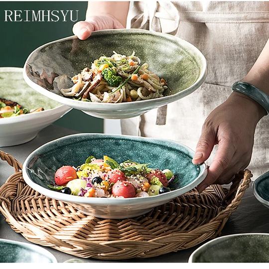 1Pc Japanese Style Ceramic Noodle Rice Vegetable Soup, Western Food Salad Shallow Large Dinner Bowl, Home Kitchen Supplies