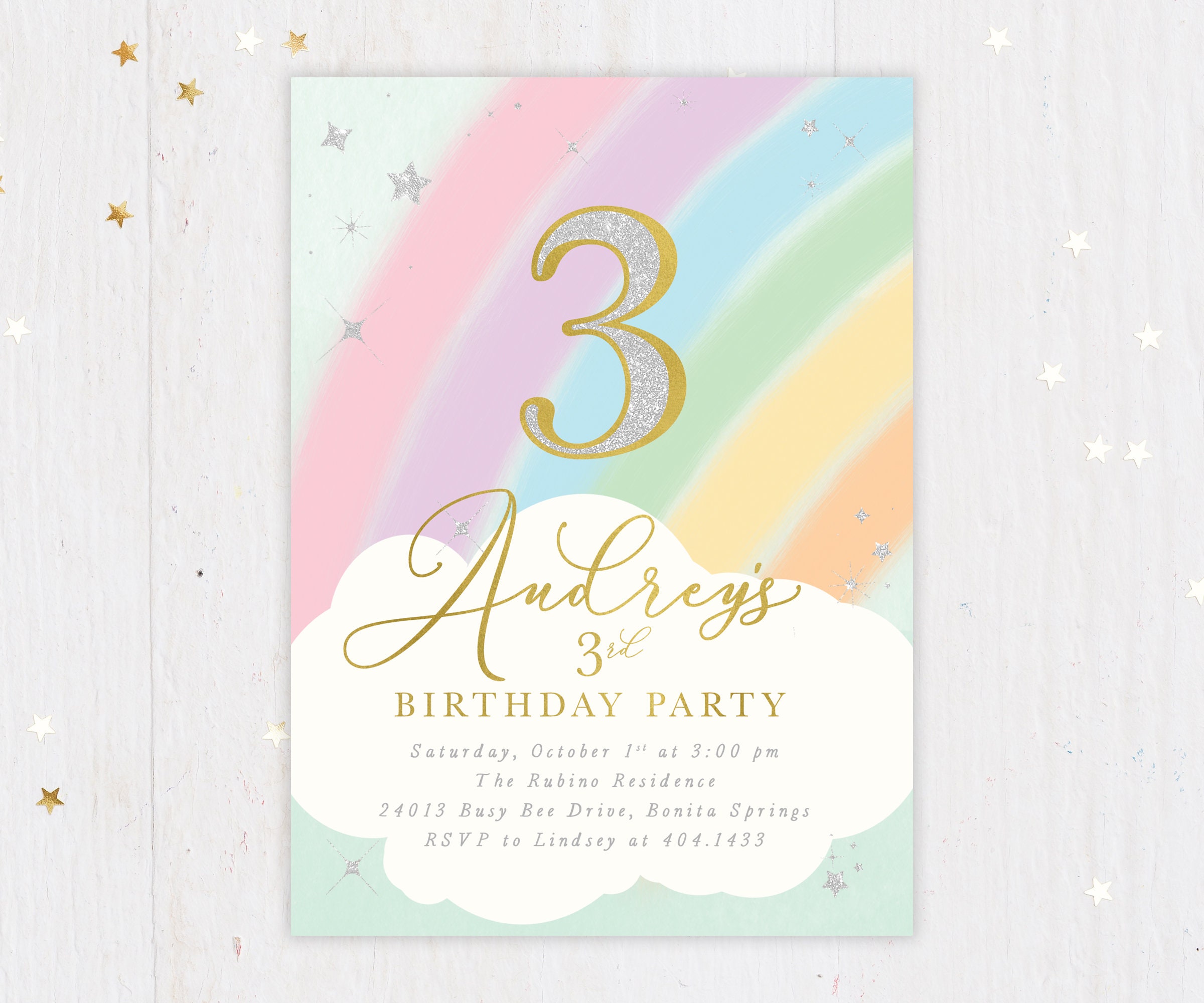 Rainbow Birthday Invitation Girl, Girl Invitation, Party Invite, Pastel Party, Any Age - Audrey