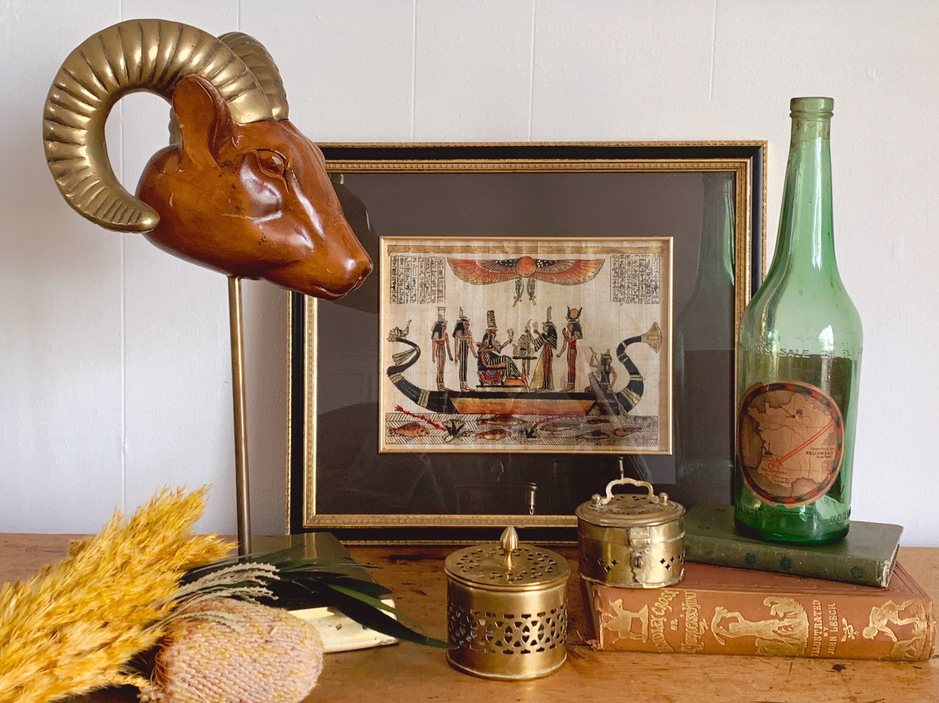 Vintage 1980S Dolbi Cashier Wood & Brass Rams Head Art Sculpture On Pedestal | Hand Crafted Stylized Home Decor