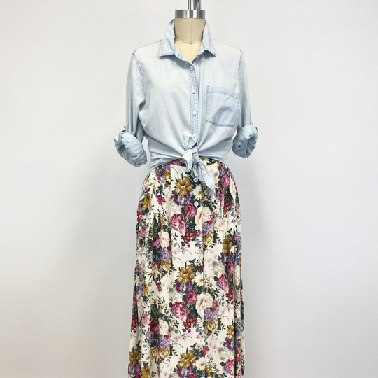 90S High Waisted Floral Linen Blend Midi Skirt | Button Front With Pockets Womens Size 12