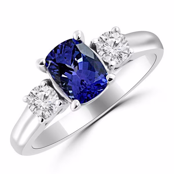 1.60Ct Cushion Cut Tanzanite & Diamond 3 Three Stone Engagement Ring 18K White Yellow Rose Gold