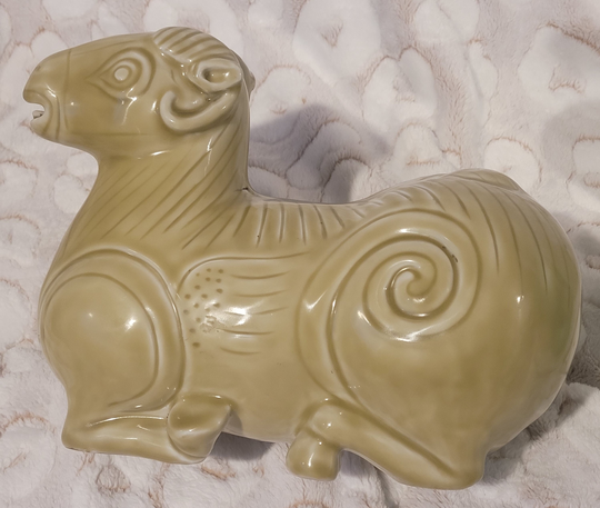 Aries Ram Bighorn Sheep Glazed Clay Pottery Ceramic Sculpture 8" Tall X 11" Long Porcelain Seated Animal Incense Holder Hooka