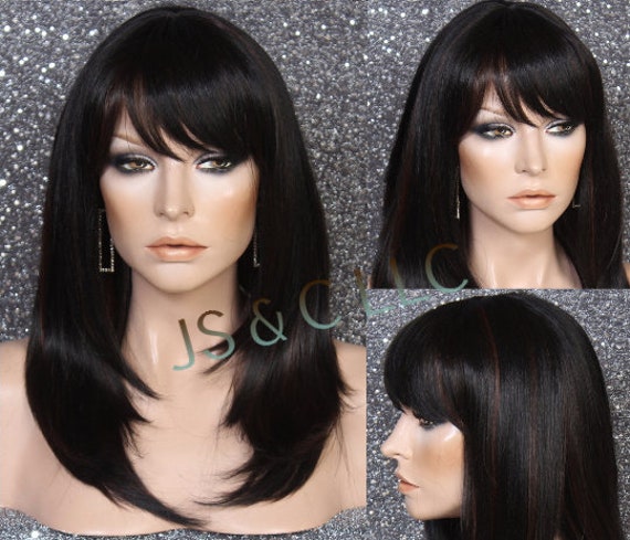Human Hair Blend Wig Heat Ok Silky Straight Black With Auburn Highlights Center Part W. Bangs Razor Face Frame Cancer/Alopecia/Cosplay