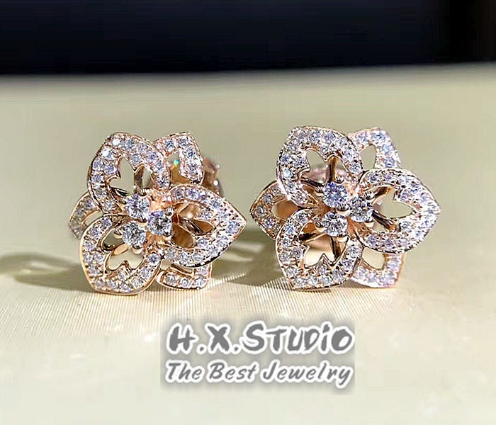 Dainty Flower Diamond Stud Earrings, Solid 18K Gold, Genuine Diamond, Elegant Jewelry, Gift For Her, Customization Jewelry