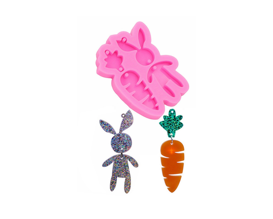 Little White Rabbit Carrot Fashion Asymmetric Earring Mold, Shiny Glossy Keychain Epoxy Resin Charms Earring, Polymer Clay Mold