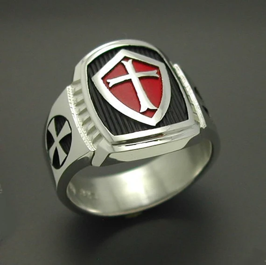 Knights Templar Masonic Cross Ring in Sterling Silver With Red Shield ~ Style 014