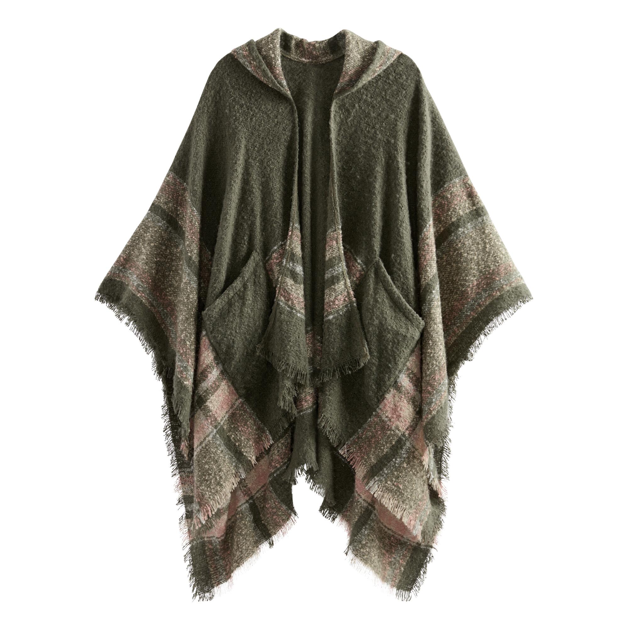 Olive, Tan And Blush Textured Hooded Wrap With Pockets: Green - Polyester by World Market