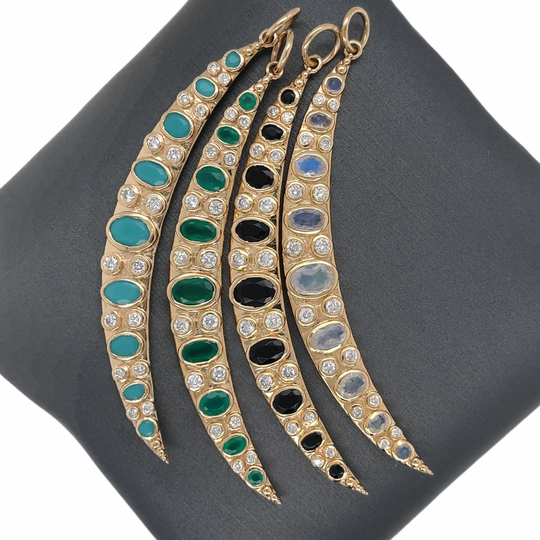 14K Solid Gold, Diamonds, Gemstones, Turquoise, Green Agate, Onyx, Moon Stone, Celestial Charm Pendant