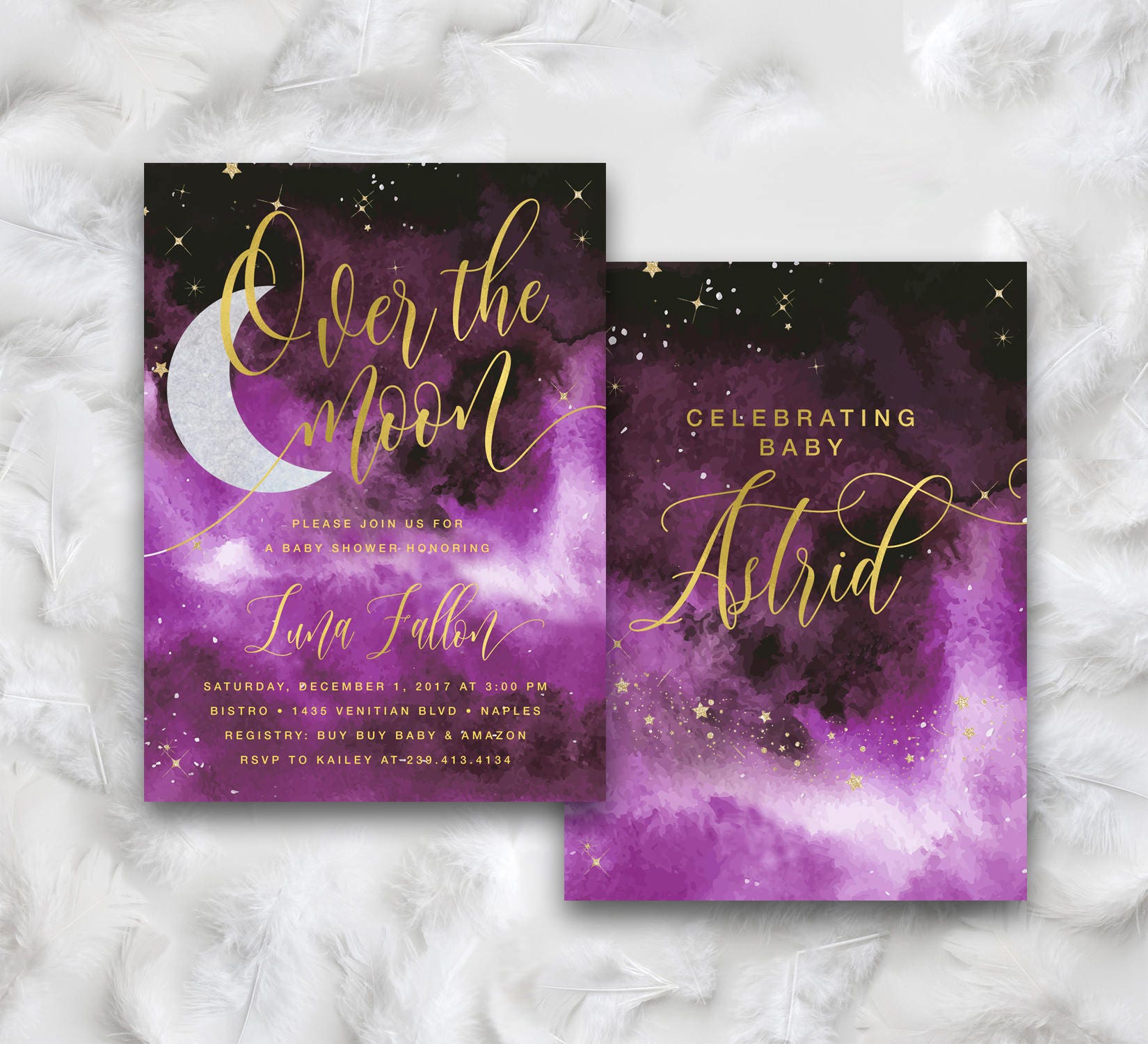 Over The Moon, Baby Shower Invitation, Moon & Stars Girl Invite, Boy Pink Invite - Luna