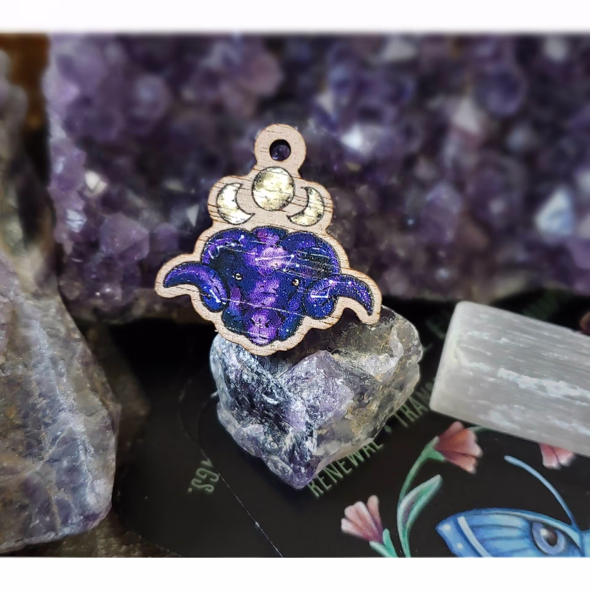 Moon Phase Ram Mystic Witch Art Wood Charms; Wooden Pendant; Knitting Progress Keeper Crochet Charm Stitch Marker
