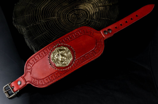 Gladiator Leather Bracelet Lion Head Lions Ancient Rome Roman Legionary Legions Roma Caesar Bracer Bracers Red Gladiators Costume Acessory