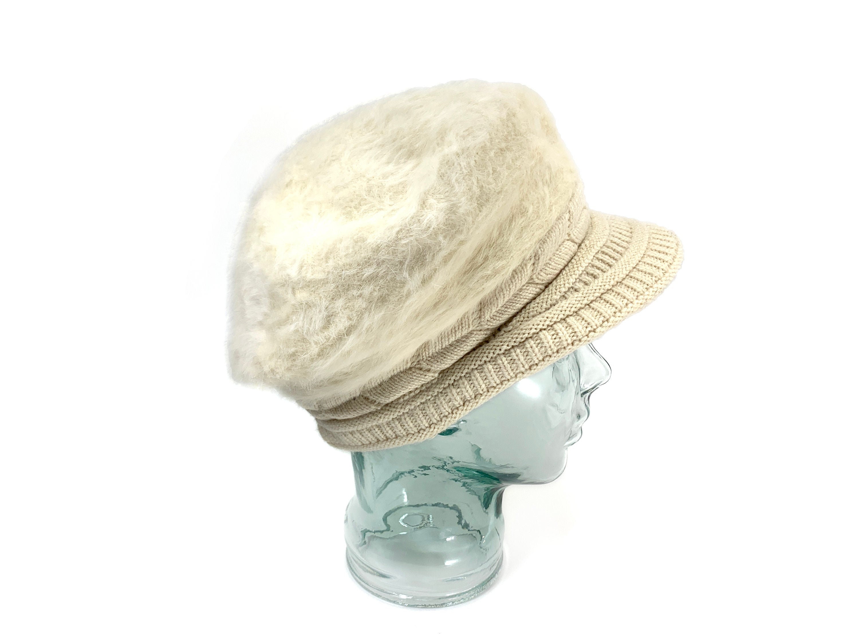 Cream Knit Cap, Angora Wool Blend Hat, White Winter Newsboy Hat With Bill
