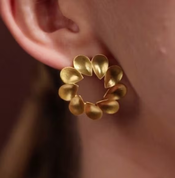 Round Flower Earrings Modern Bridal Leaf Leaves Statement Brushed Disc Textured Circle Chunky Contemporary Wedding Bridesmaid Gift