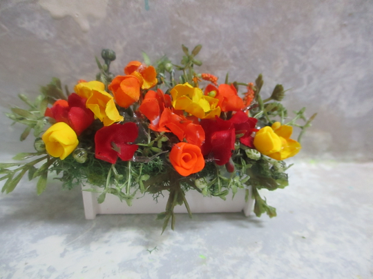 Tiny 2 1/4" Window Box/Planter/Yellow & Orange Roses/Silk Floral/Greenery Made For Small 112 Windows