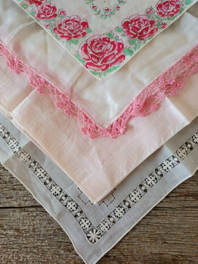 Vintage Handkerchiefs Set Of 3 Colors Pink, Green, Blue & White 1950's Vintage Textiles Ladies Hankies