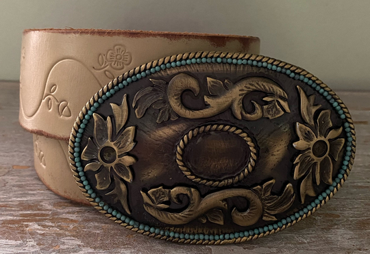 Tooled Leather Belt With Bronze Floral Buckle