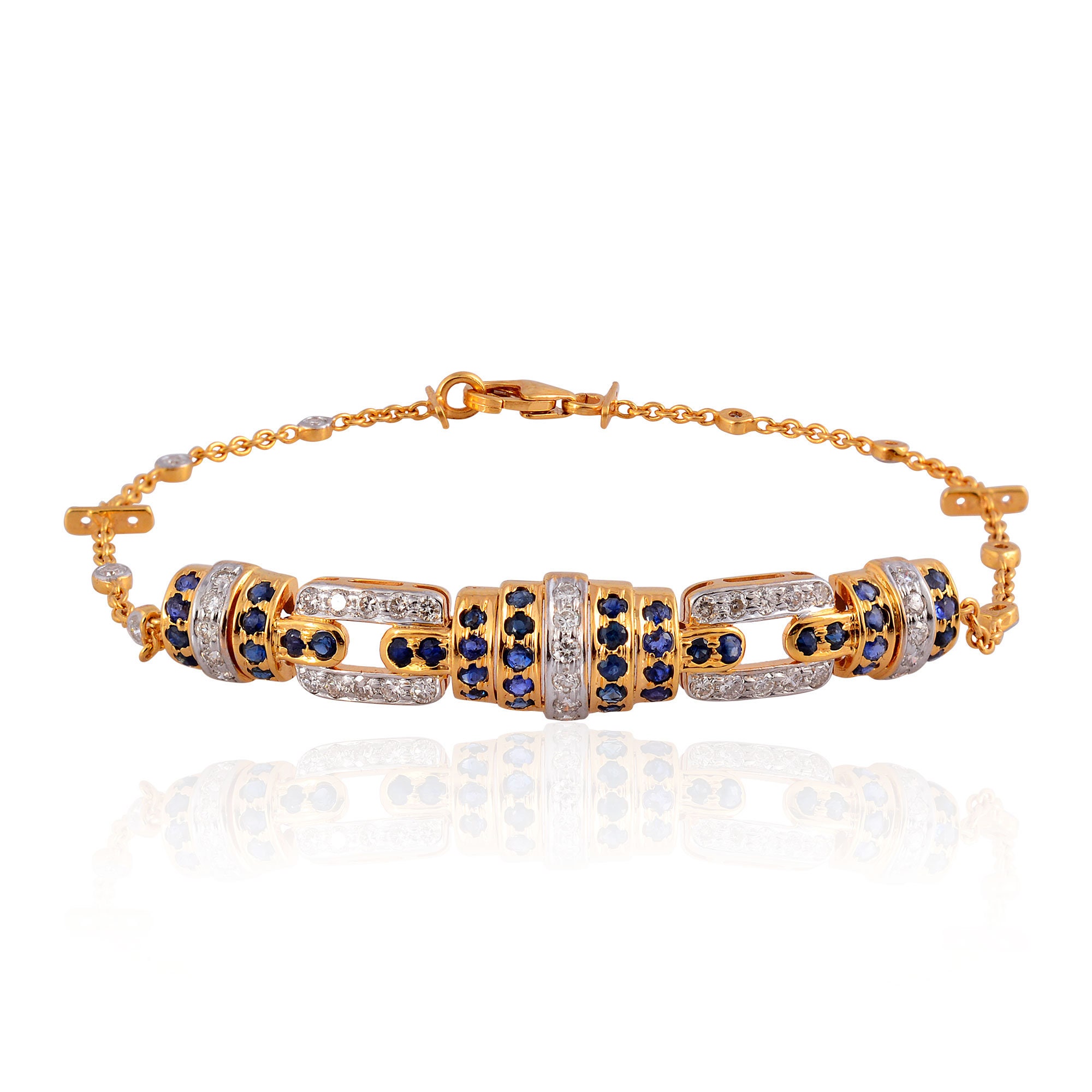 New Vintage Style Genuine Pave Diamond Blue Sapphire Chain Bracelet 14K Solid Yellow Gold Handmade Jewelry