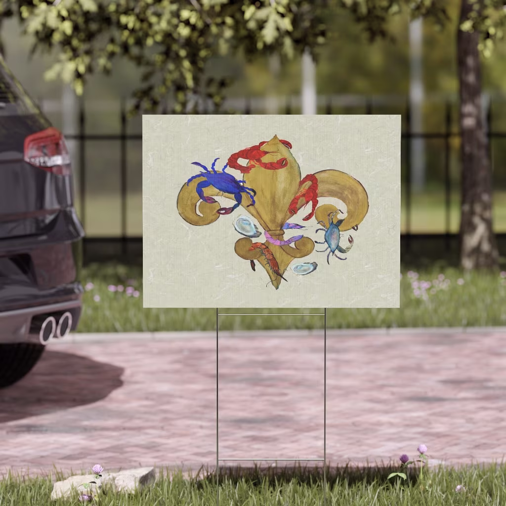 Cajun Fleur De Lis With Seafood Yard Sign My Art Heavy Duty Plastic Sign.fleur Yard Art