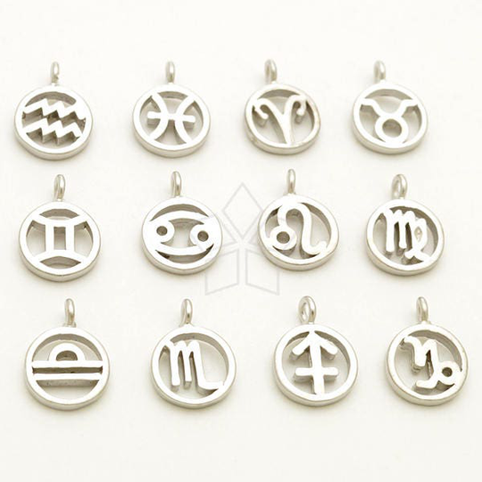 Pd-2220-Ms/2 Pcs - Sign Of Zodiac Symbol Round Charms, Birthday Constellation Pendant in Rhodium Silver, Choose Your 7.4mm