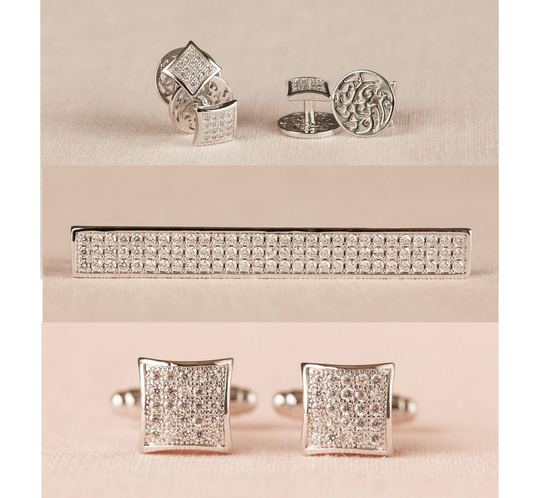 Tuxedo Studs, Groom Pave Crystal Tie Clip, Silver Cufflinks, Crystal Men's Jewelry