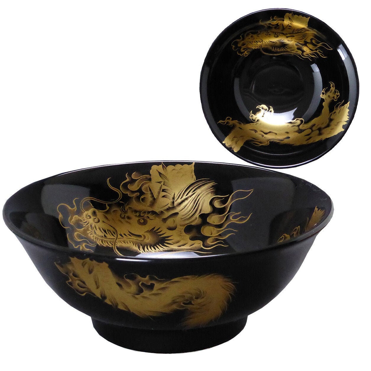 Japanese Ramen Bowl Ceramic Mino Ware Japan For Homemade Ramen - Gold Black Dragon 21.2 8.5cm | 3.35 Inch