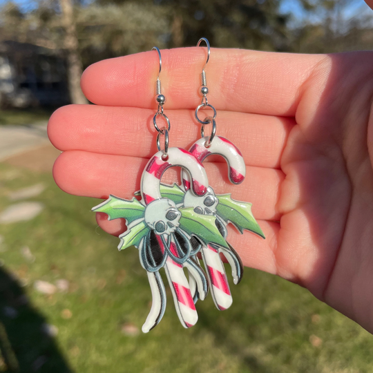 Creepy Christmas Candy Cane Dangle Earrings | Novelty Unique Fun Festive