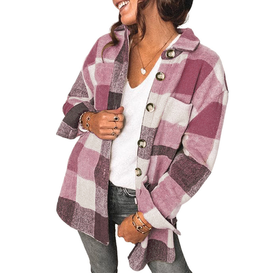 Women Plaid Wool Blend Long Sleeve Shirt Jacket Shackets - Pink, XL