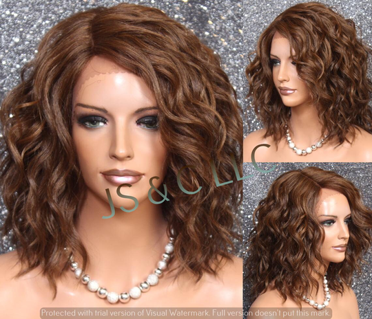 Brown Auburn Mixed Human Hair Blend Wig Lace Front L Shape Part Mono Handtied Short Curly Cancer Alopecia Theather Cosplay Drag