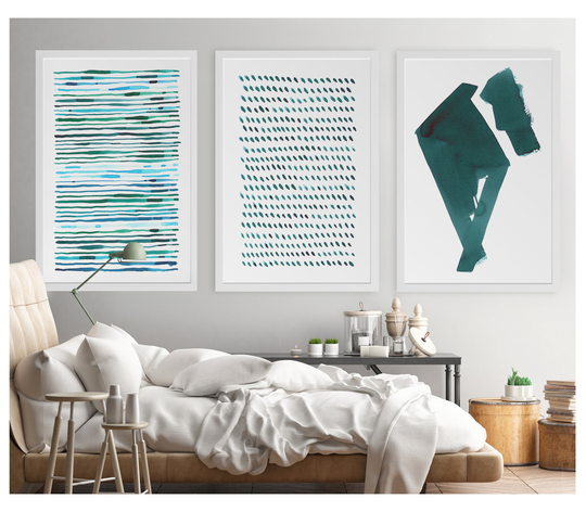 Abstract Art, Green Triptych Wall Large Set Of 3 Paintings, Painting