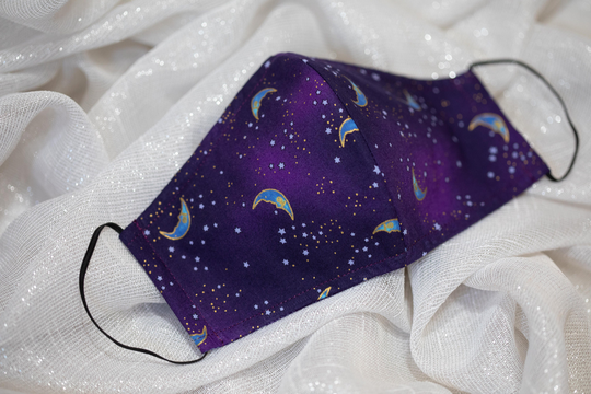 Celestial Magic Dark Purple Moons with Metallic Accents | Laurel Burch Fabric Face Mask 100% Cotton With Filter Pocket Reusable