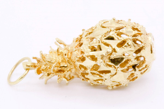 14K Solid Yellow Gold Sparkling 3D Diamond-Cut Welcome Pineapple Dangle Charm