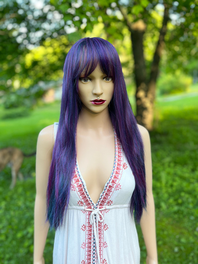straight Purple Mix Human Hair Blend With Bangs Daily Wig